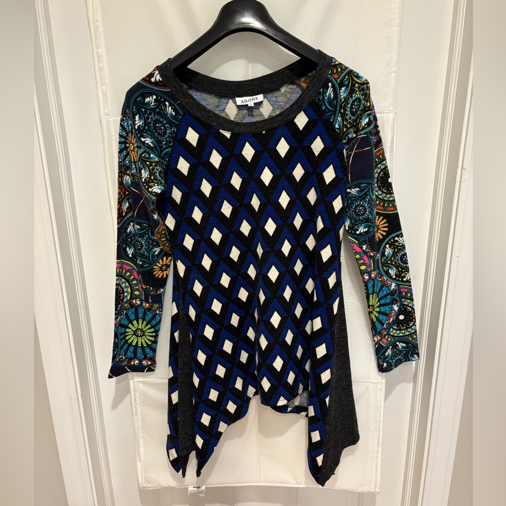 Desigual Black and Blue Diamond Pattern Long Sleeve Top